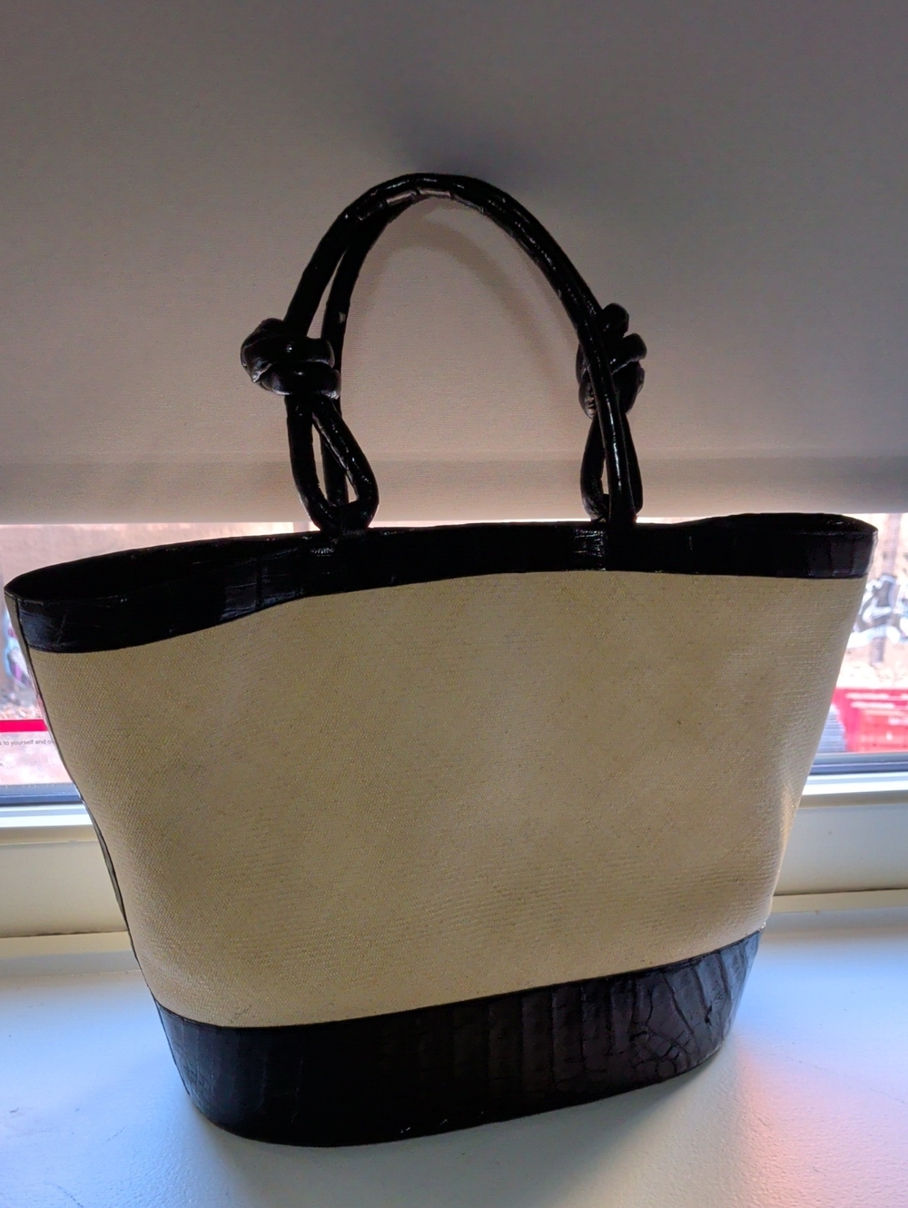 Structured Canvas Tote Bag with Black Genuine Crocodile Bottom And Trim